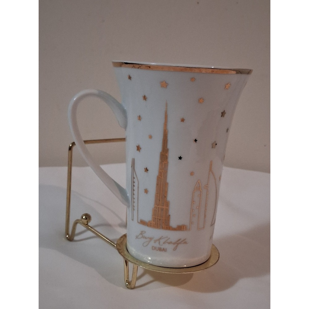 Burj Khalifa Dubai Souvenir Coffee Mug White Gold Skyline Star Pattern Tall